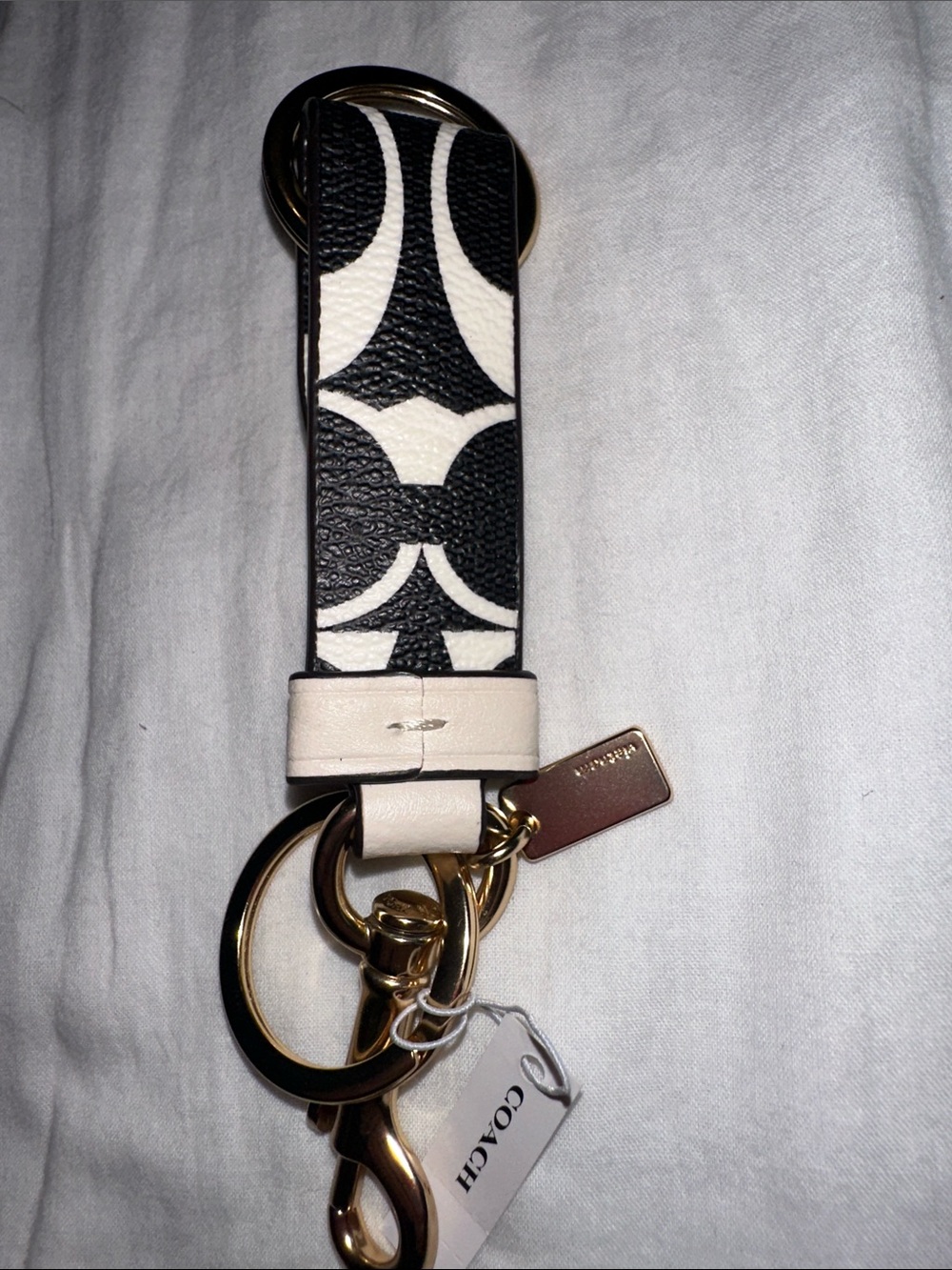 Coach Black & Chalk Signature Leather Keychain with Gold Hardware - Picture 3 of 5